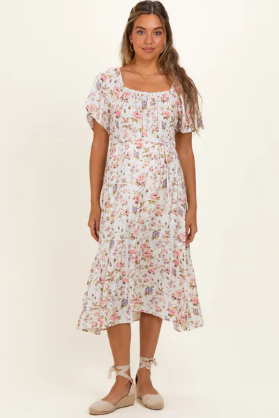 PinkBlush Ivory Floral Flutter Sleeve Maternity Midi Dress