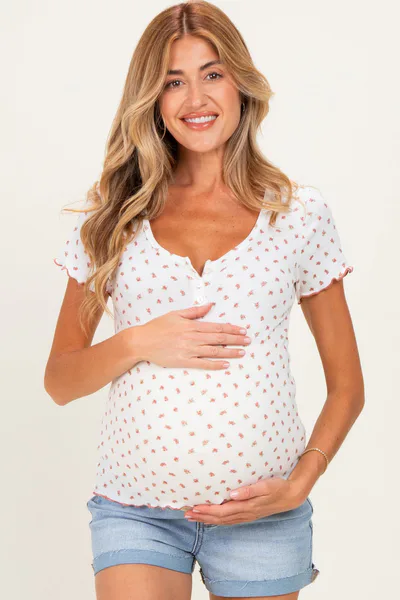PinkBlush Ivory Red Ditsy Floral Lettuce Edge Maternity Henley Top