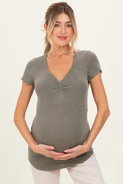PinkBlush Olive Ribbed Sweetheart-Neckline Maternity Top