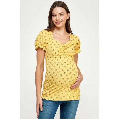 Target Hello Miz Maternity Floral Ribbed Ruched Puff Sleeve T-Shirt - Yellow - Large
