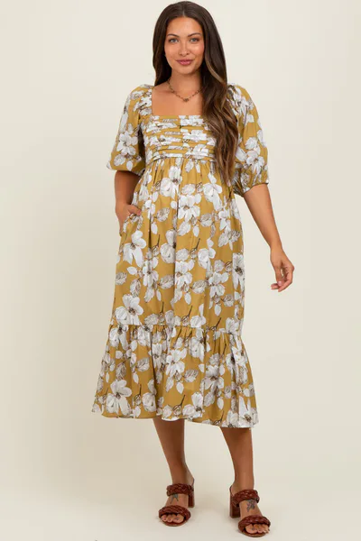 PinkBlush Olive Floral Pleated Bodice Maternity Midi Dress