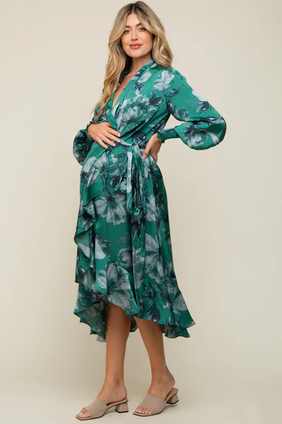 PinkBlush Green Satin Asymmetrical Flounce Trim Maternity Midi Dress