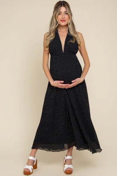 PinkBlush Black Polka Dot Halter Tie Open Back Maternity Maxi Dress
