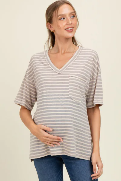 PinkBlush Grey Striped Oversized V-Neck Front Pocket Maternity T-Shirt