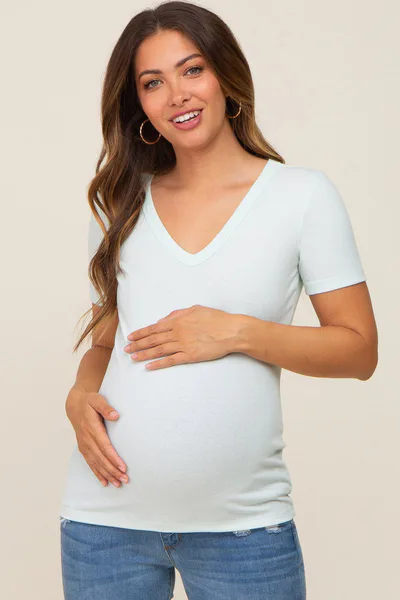 PinkBlush Mint Ribbed V-Neck Maternity Top