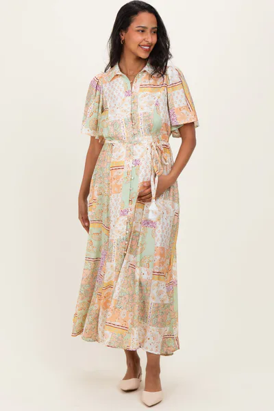PinkBlush Multicolor Patchwork Print Button Down Maternity Maxi Dress