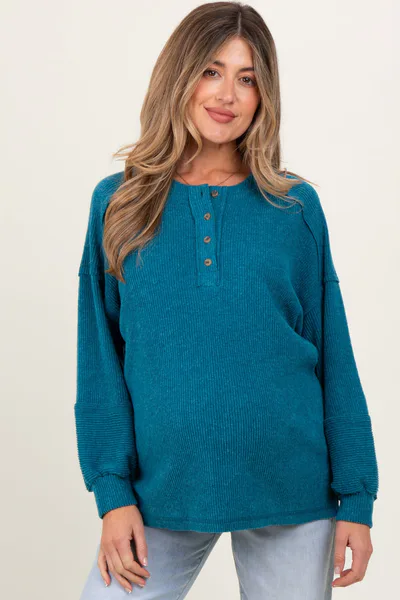 PinkBlush Teal Oversized Ribbed Knit Henley Maternity Sweater