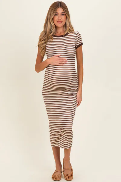 PinkBlush Ecru Striped Solid Trim Maternity Midi Dress