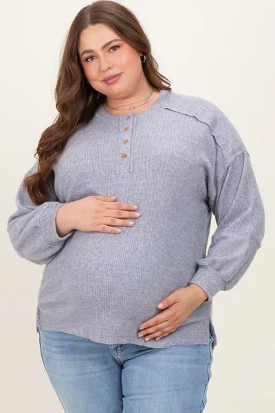 PinkBlush Heather Grey Oversized Ribbed Knit Henley Maternity Plus Sweater