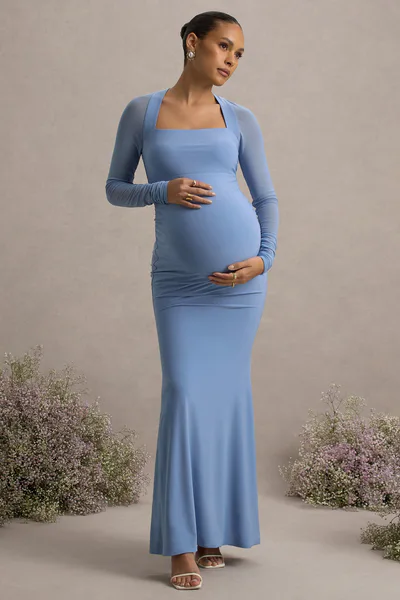 Club L London Abeam | Powder Blue Maternity Maxi Dress With Sheer Sleeves