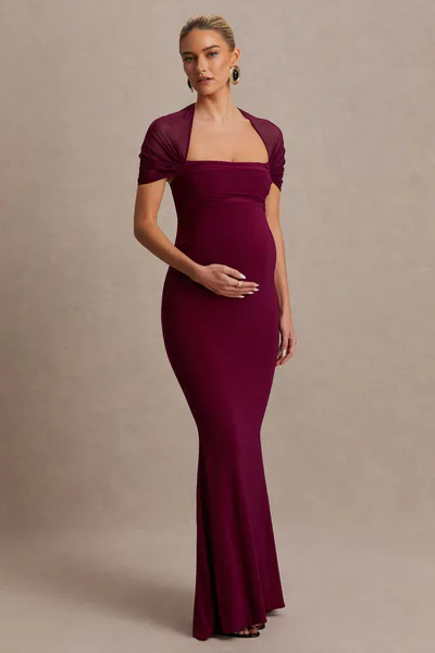 Club L London Dome | Burgundy Square-Neck Mesh-Sleeve Maternity Maxi Dress