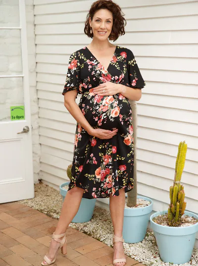 Angel Maternity Bella Floral Print V-neck Maternity Dress in Black