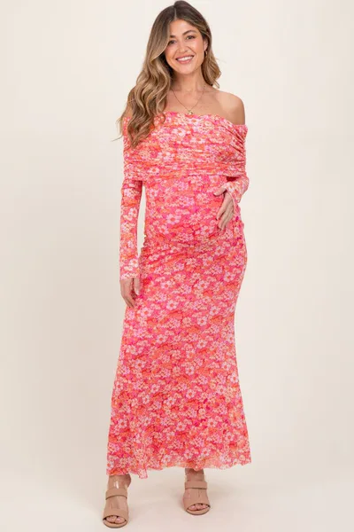 PinkBlush Pink Floral Mesh Off Shoulder Long Sleeve Maternity Maxi Dress