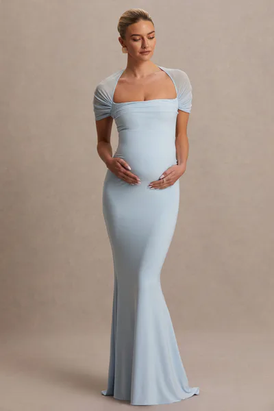 Club L London Dome | Powder Blue Square-Neck Mesh-Sleeve Maternity Maxi Dress