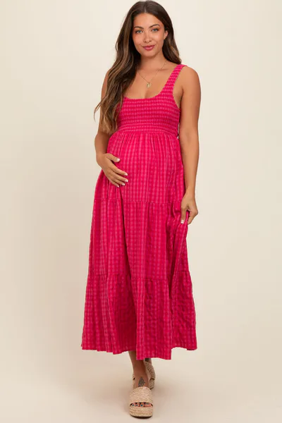 PinkBlush Coral Plaid Tiered Maternity Maxi Dress
