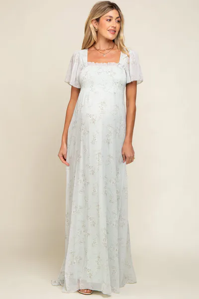 PinkBlush Mint Green Floral Smocked Chiffon Maternity Maxi Dress