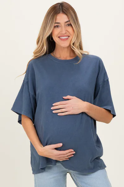 PinkBlush Light Navy Oversized Mineral Wash Maternity T-Shirt