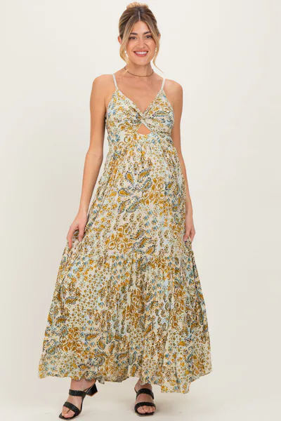 PinkBlush Beige Paisley Floral Twisted Front Maternity Maxi Dress
