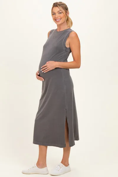 PinkBlush Charcoal Side Slit Maternity Midi Tank Dress