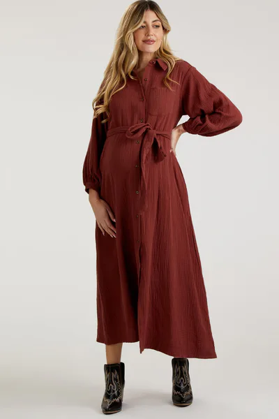 PinkBlush Rust Gauze Belted Shirt Maternity Midi Dress
