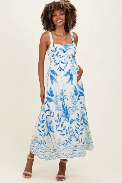 PinkBlush Blue Printed Scallop Detail Sleeveless Maternity Midi Dress