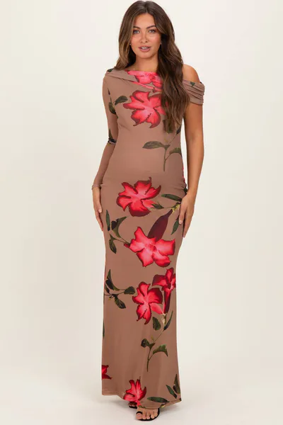 PinkBlush Mocha Floral Off Shoulder One Sleeve Maternity Maxi Dress