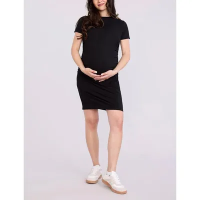 Target Women's Crewneck Short Sleeve Side Ruched Bodycon Maternity Mini Dress - Black - Size: Medium - Motherhood Maternity