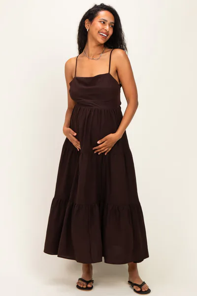 PinkBlush Brown Tiered Cutout Tie Back Maternity Midi Dress