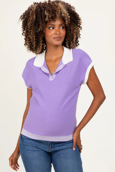 PinkBlush Lavender Stripe Trim Maternity Collared Top