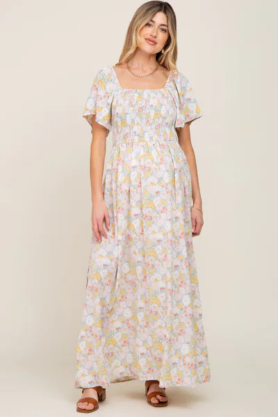PinkBlush Light Blue Floral Smocked Maternity Maxi Dress