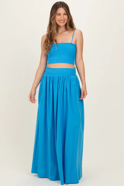 PinkBlush Blue Smocked Tank Maxi Skirt Maternity Set