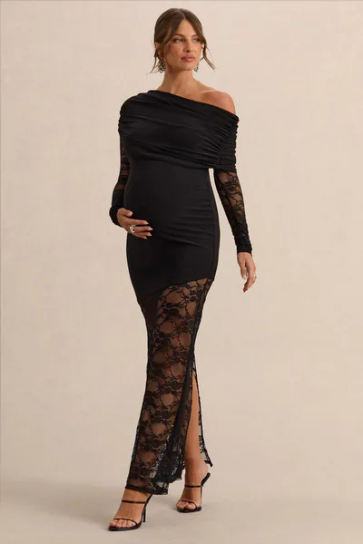 Club L London Giuliana | Black Asymmetric-Neck Maternity Maxi Dress With Lace Detailing
