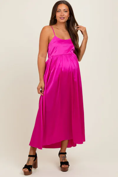 PinkBlush Fuchsia Satin Sleeveless Tie-Back Maternity Midi Dress