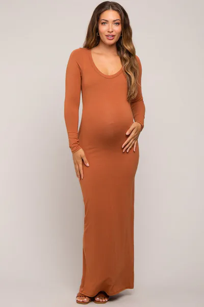 PinkBlush Camel Solid Long Sleeve Scoop Neck Maternity Maxi Dress