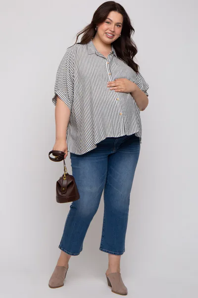 PinkBlush Charcoal Striped Button Up Short Dolman Sleeve Maternity Plus Top