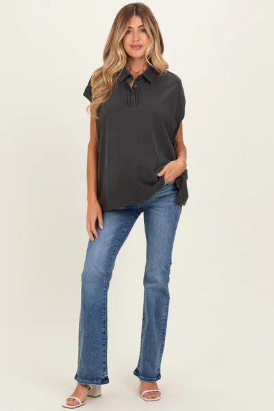 PinkBlush Black Pigment Dye Sleeveless Polo Oversized Maternity Top