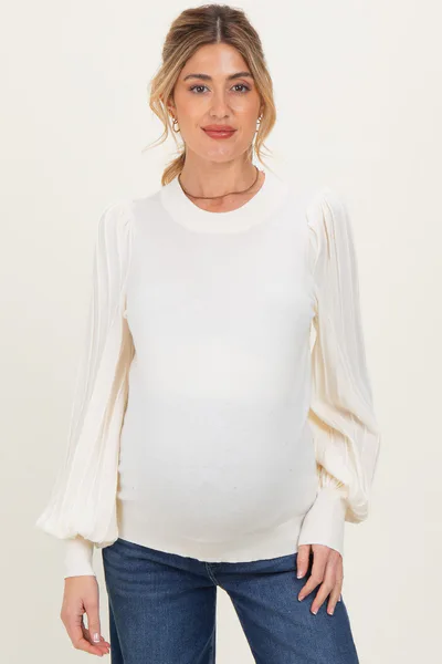 PinkBlush Ivory Ribbed Bubble Sleeve Maternity Knit Top
