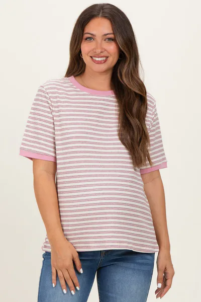 PinkBlush Light Pink Striped Short Sleeve Maternity T-Shirt