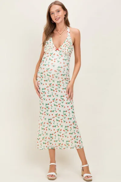 PinkBlush Ivory Strawberry Print Ruffle Detail Halter Maternity Maxi Dress