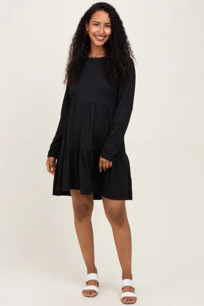 PinkBlush Black Textured Rib Tiered Long Sleeve Maternity Dress