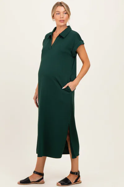 PinkBlush Hunter Green Collared Oversized Maternity Midi Dress