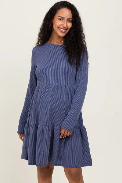 PinkBlush Navy Textured Rib Tiered Long Sleeve Maternity Dress