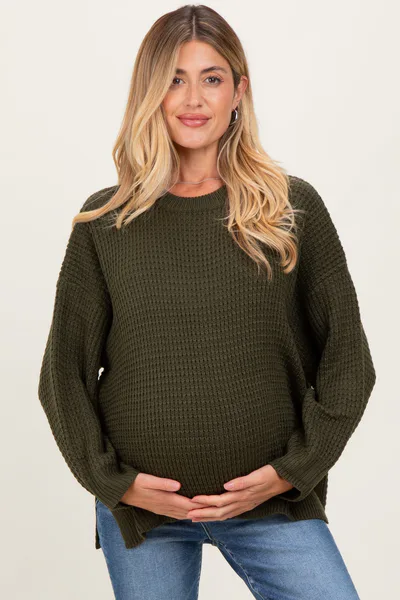 PinkBlush Olive Waffle Knit Side Slit Maternity Sweater