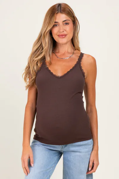 PinkBlush Brown Lace Trim Detail Ribbed Maternity Knit Tank Top