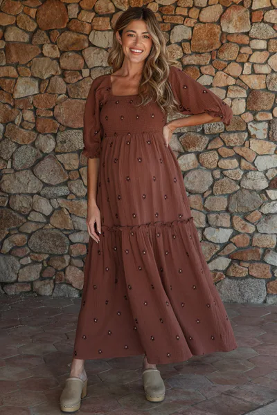 PinkBlush Brown Floral Smocked Puff Sleeve Maternity Maxi Dress