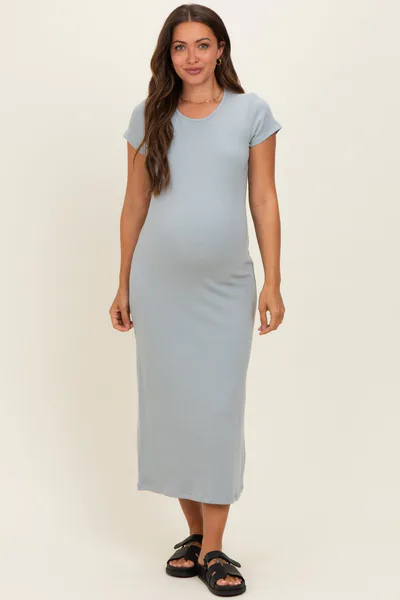 PinkBlush Grey Basic Crewneck Maternity Midi Dress