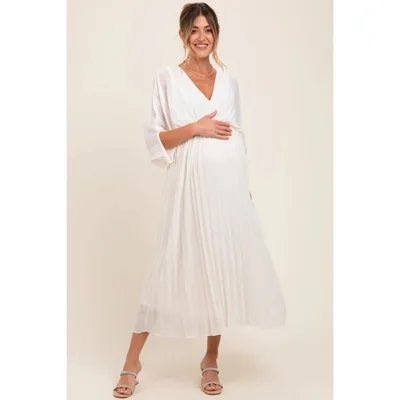 Target PinkBlush Cream Pleated V Neck Maternity Maxi Dress Cream Small