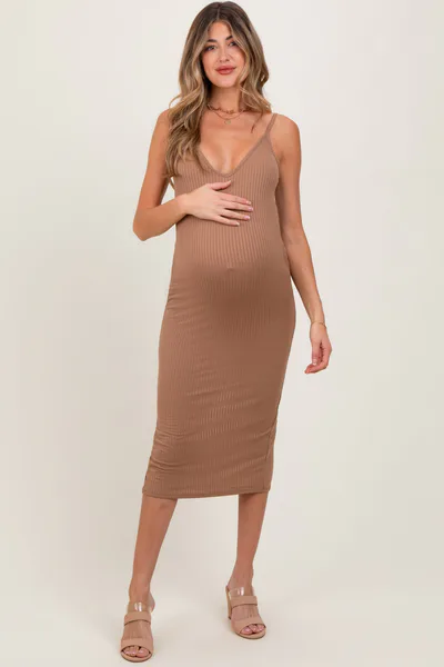 PinkBlush Taupe Ribbed Cami Maternity Midi Dress