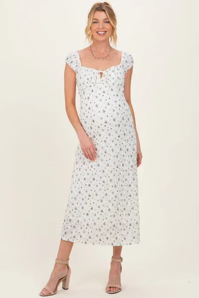 PinkBlush Ivory Multi Floral Cap Sleeve Maternity Midi Dress