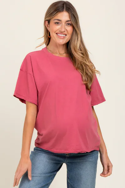 PinkBlush Dark Mauve Boxy Raw Edge Maternity Short Sleeve Tee